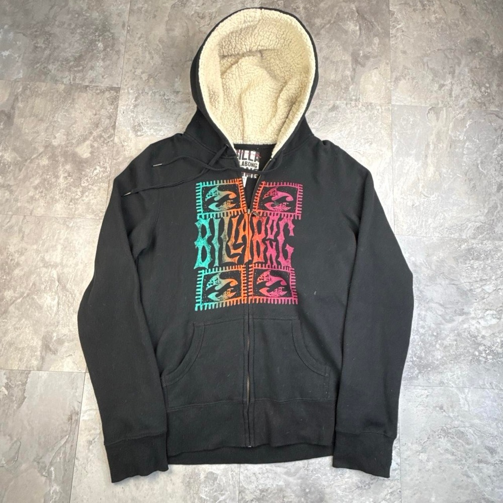 Vintage surf Billabong Sherpa lined hood big graphic zip up hoodie size large